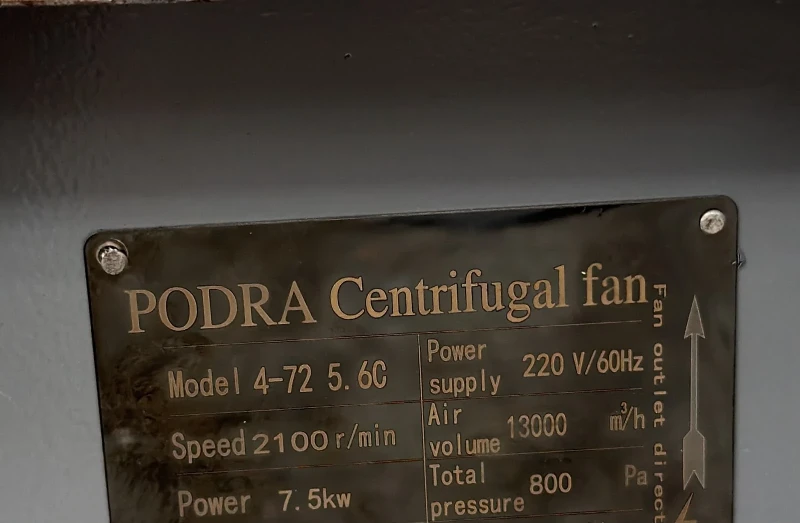 Customer supplied existing industrial fan nameplate used for replacement identification Customer supplied existing industrial fan nameplate used for replacement identification