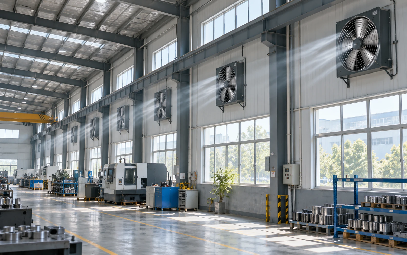 Industrial workshop ventilation using wall-mounted axial flow fans for air exchange