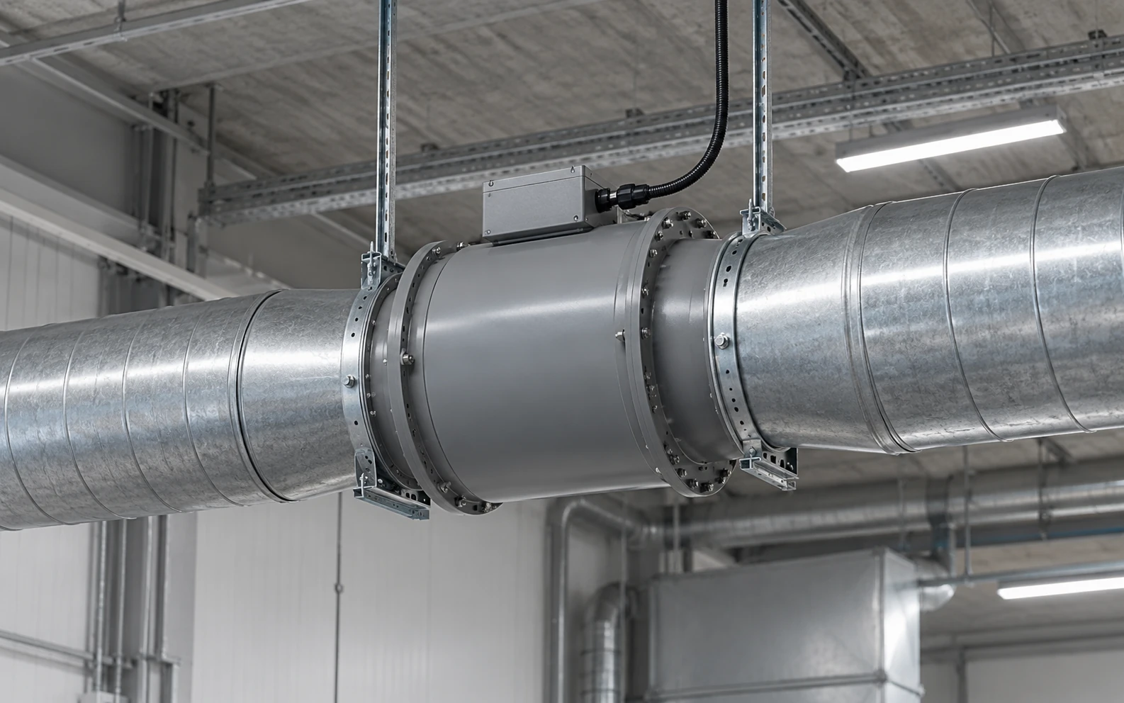Inline axial flow fan installed between industrial ventilation ducts with flanged connections