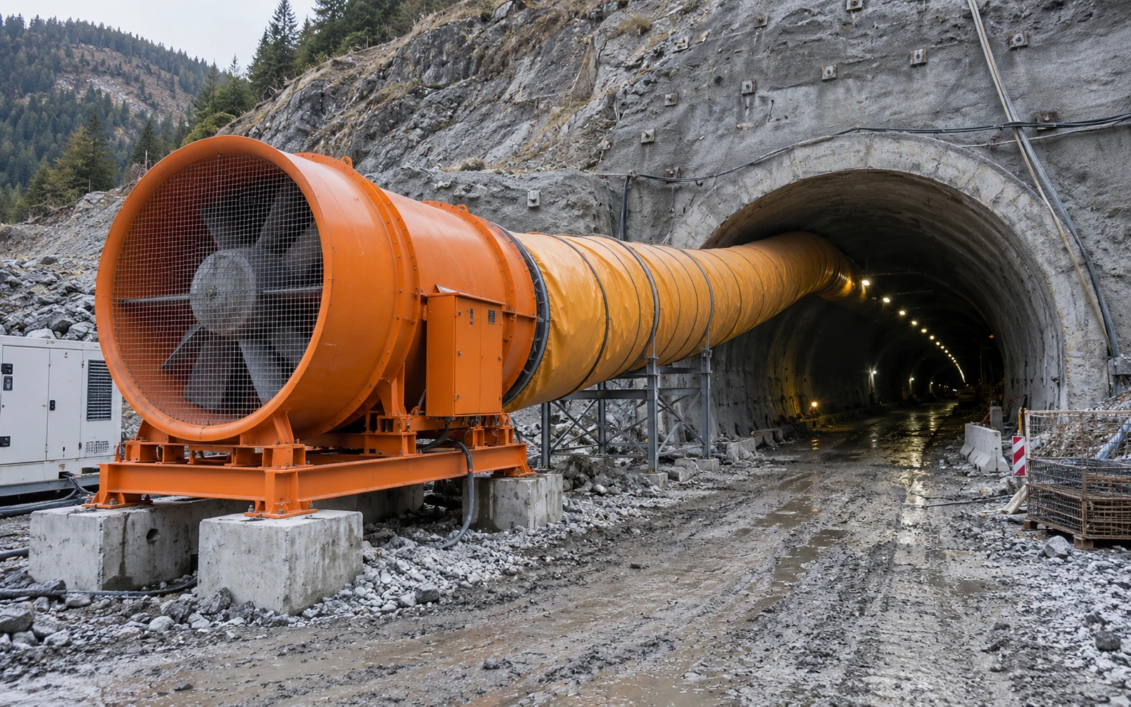 Tunnel construction ventilation fan connected to flexible ducting for temporary airflow supply