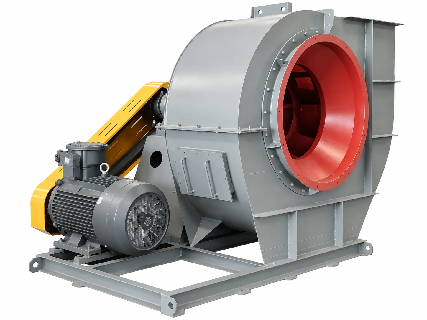 Industrial centrifugal fan with volute casing circular inlet motor belt drive and tangential discharge outlet