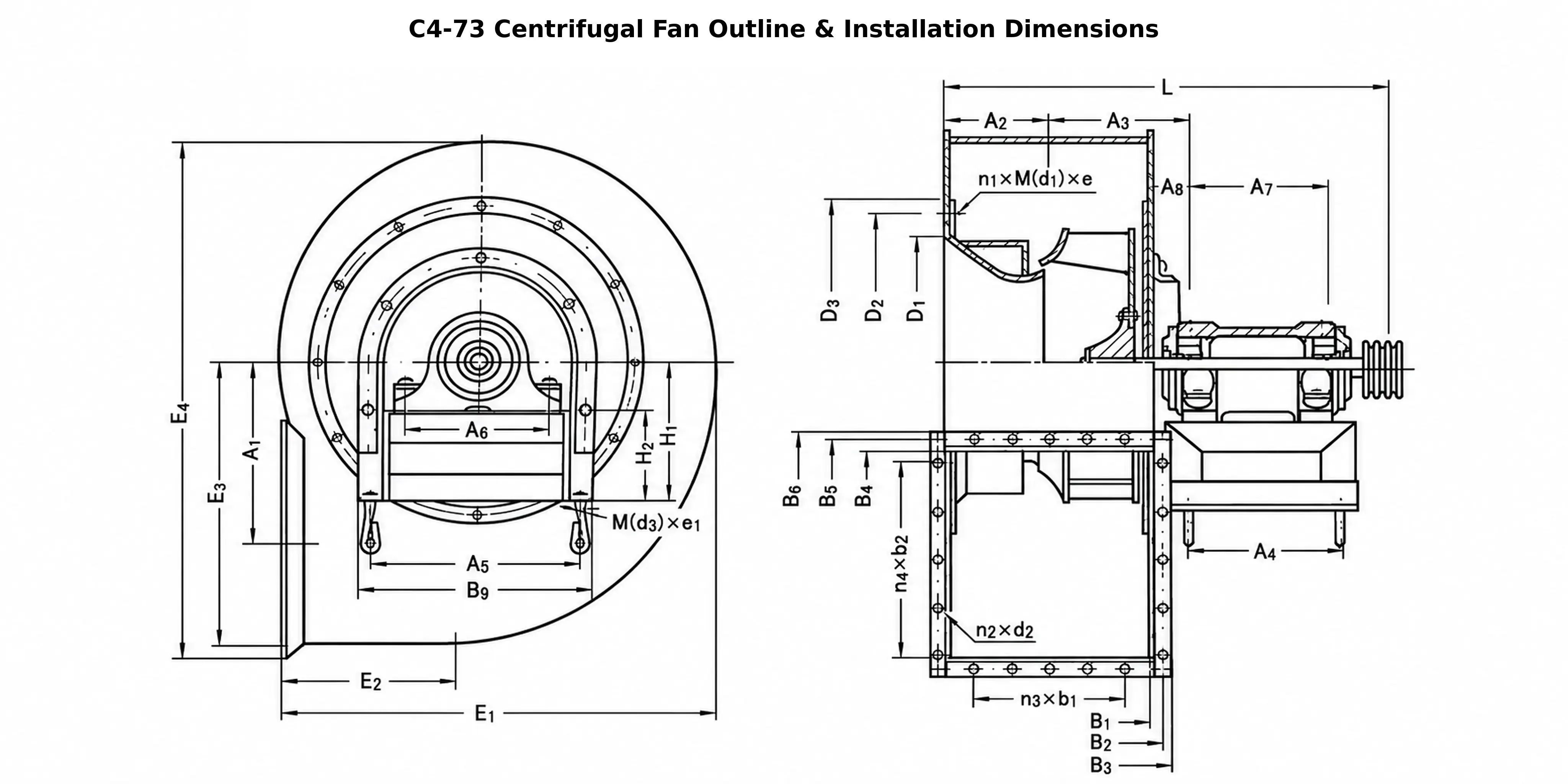 C4-73 Dust Collection Centrifugal Fan Technical Drawing C4-73 dust collection centrifugal fan outline and installation dimensions