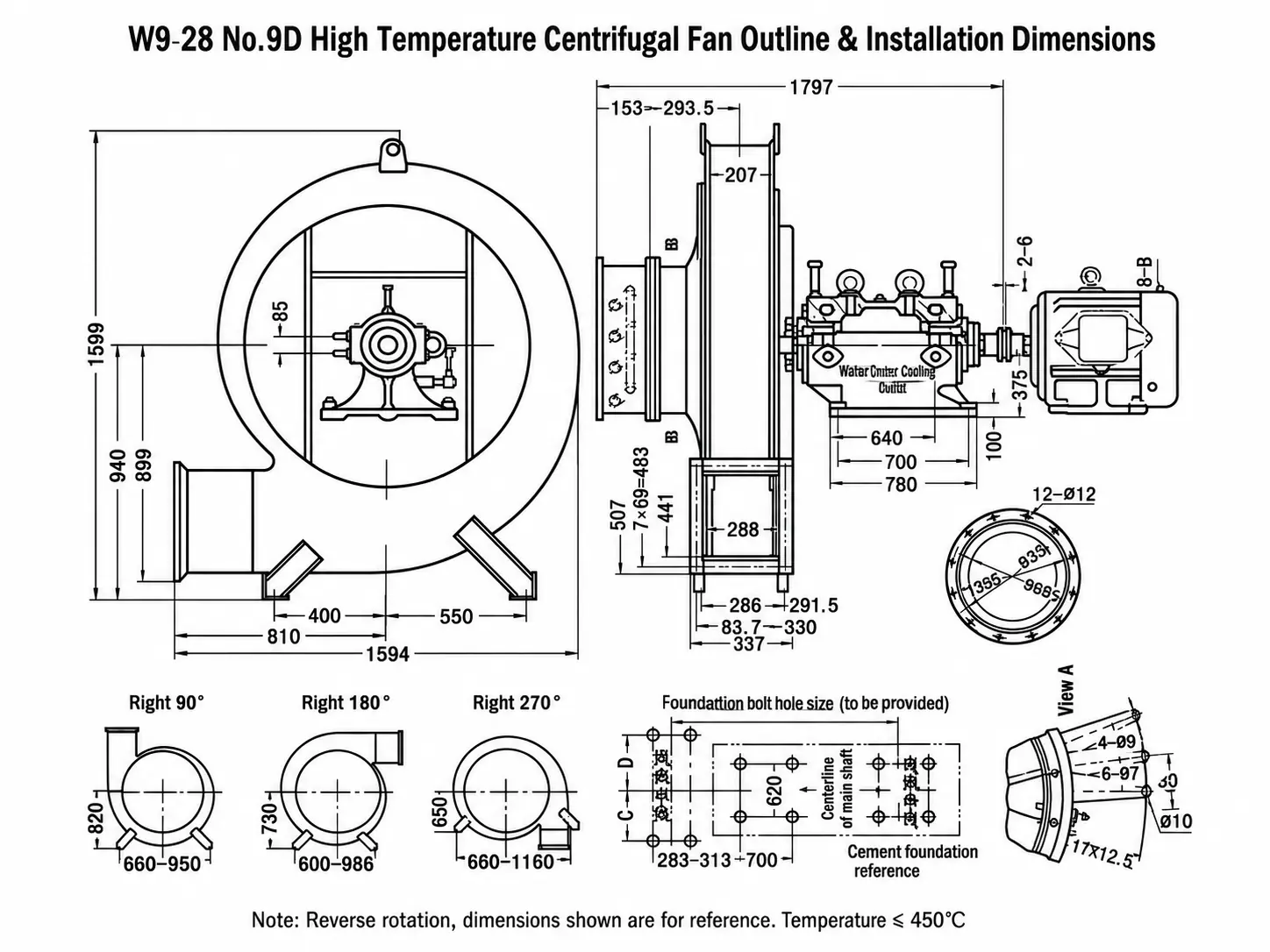 W9-28 No.9D high temperature centrifugal fan outline and installation dimensions